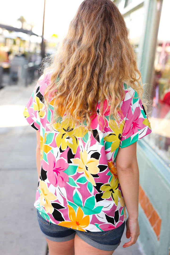 Fuchsia &amp; Emerald Flat Floral V Neck Tops | Nikki &amp; Co. Boutique