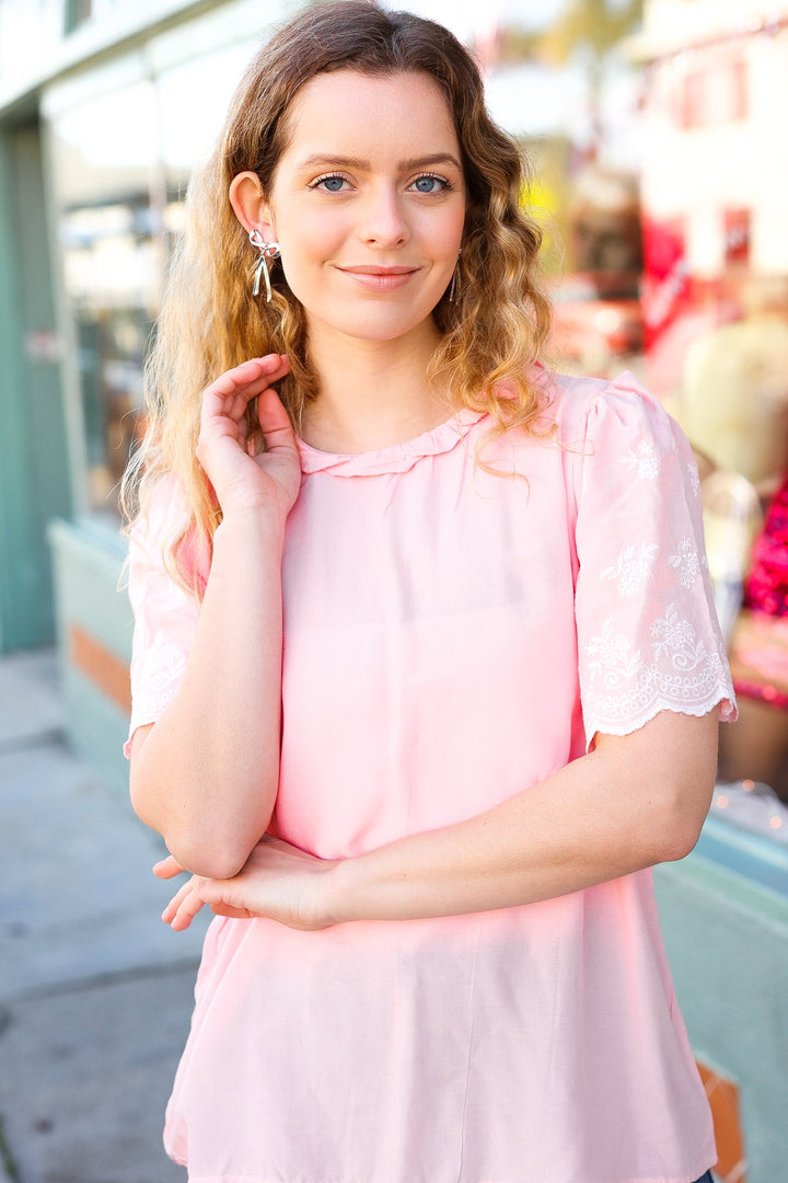 Spread Joy Blush Mock Neck Embroidered Woven Tops - Nikki &amp; Co. Boutique