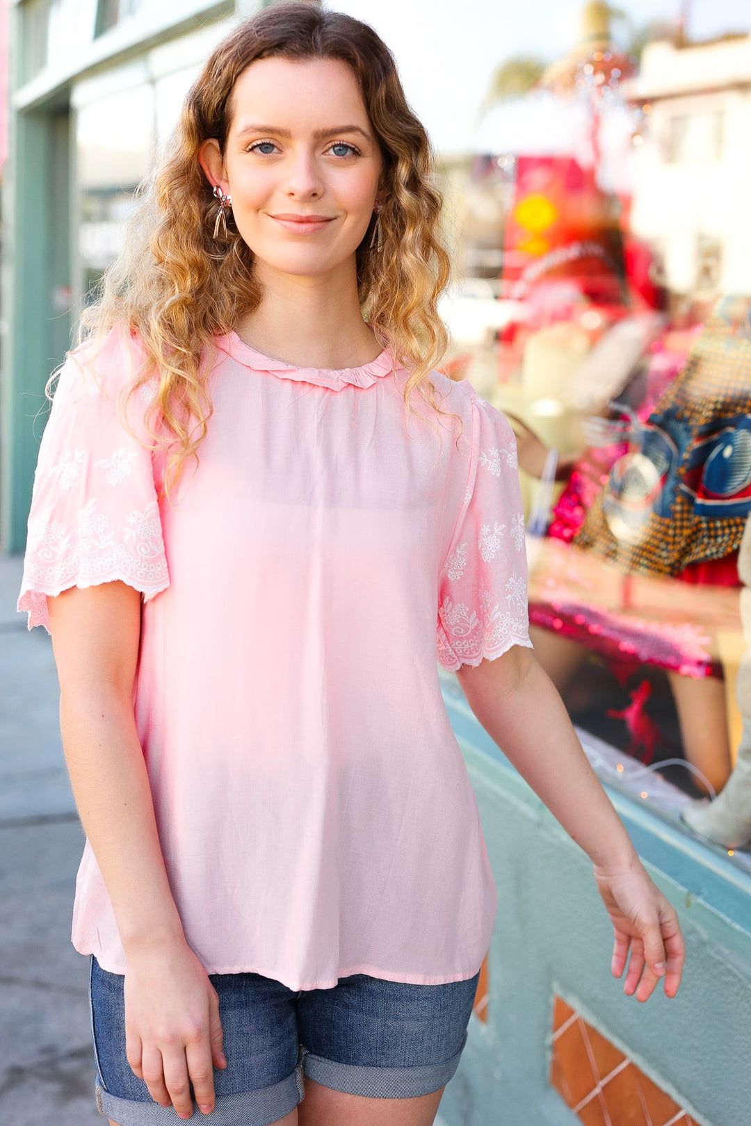 Spread Joy Blush Mock Neck Embroidered Woven Tops | Nikki & Co. Boutique