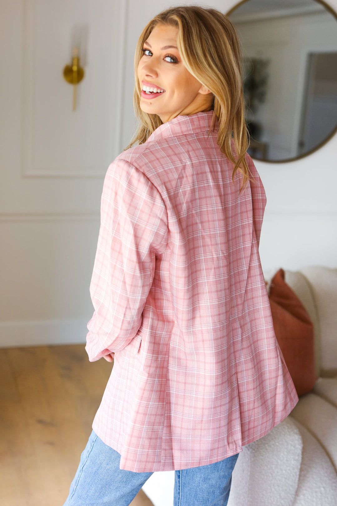Get To It Pink Plaid Double Breasted Collar Lapel Blazer | Nikki &amp; Co. Boutique