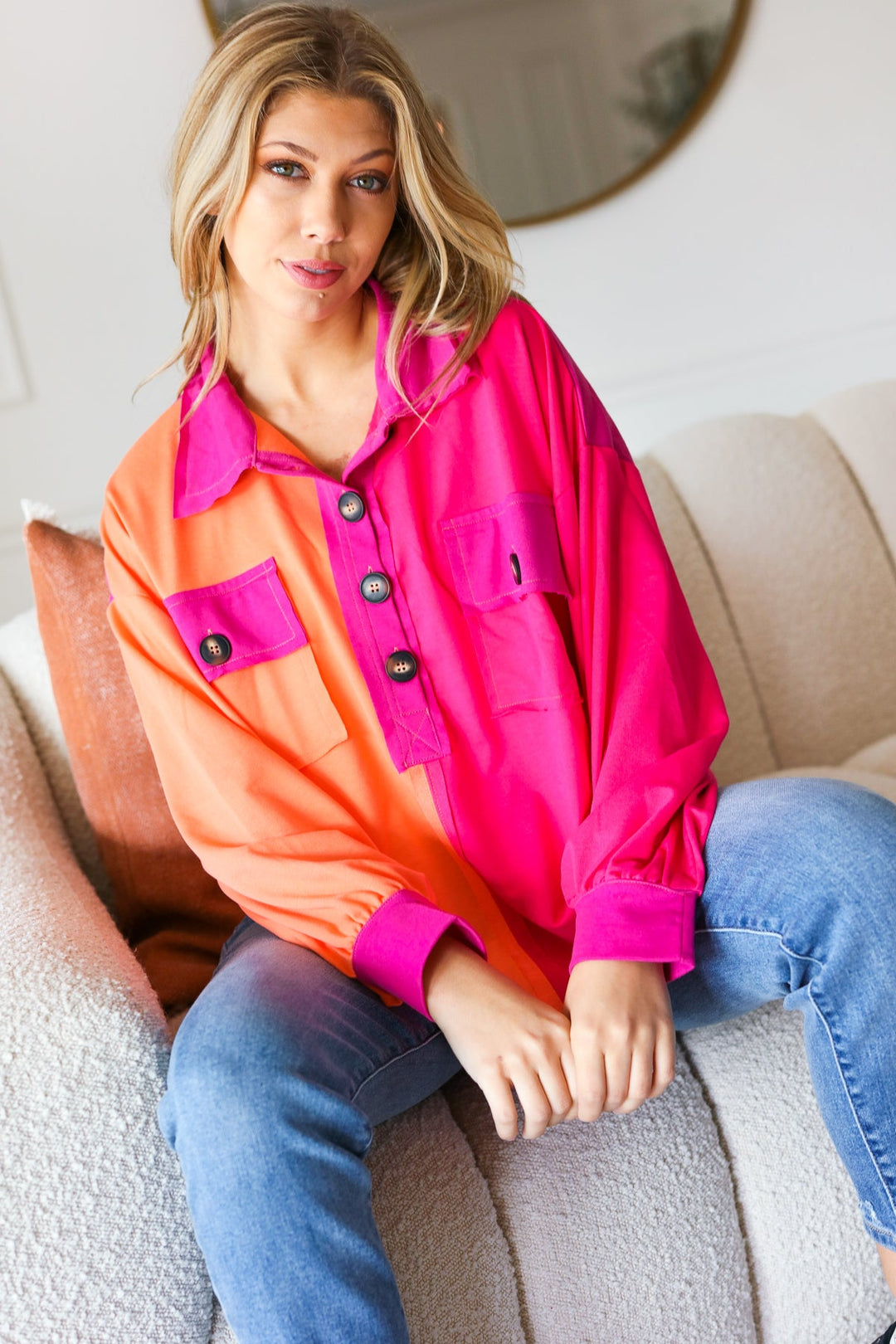 Feeling Bold Orange &amp; Fuchsia Color Block Button Down Top | Nikki &amp; Co. Boutique
