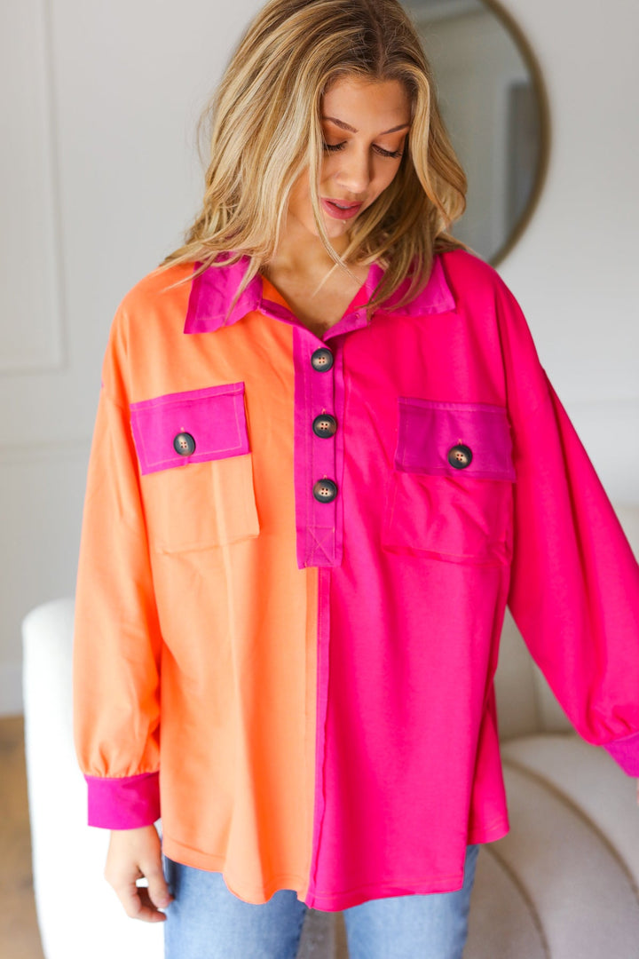 Feeling Bold Orange &amp; Fuchsia Color Block Button Down Top | Nikki &amp; Co. Boutique