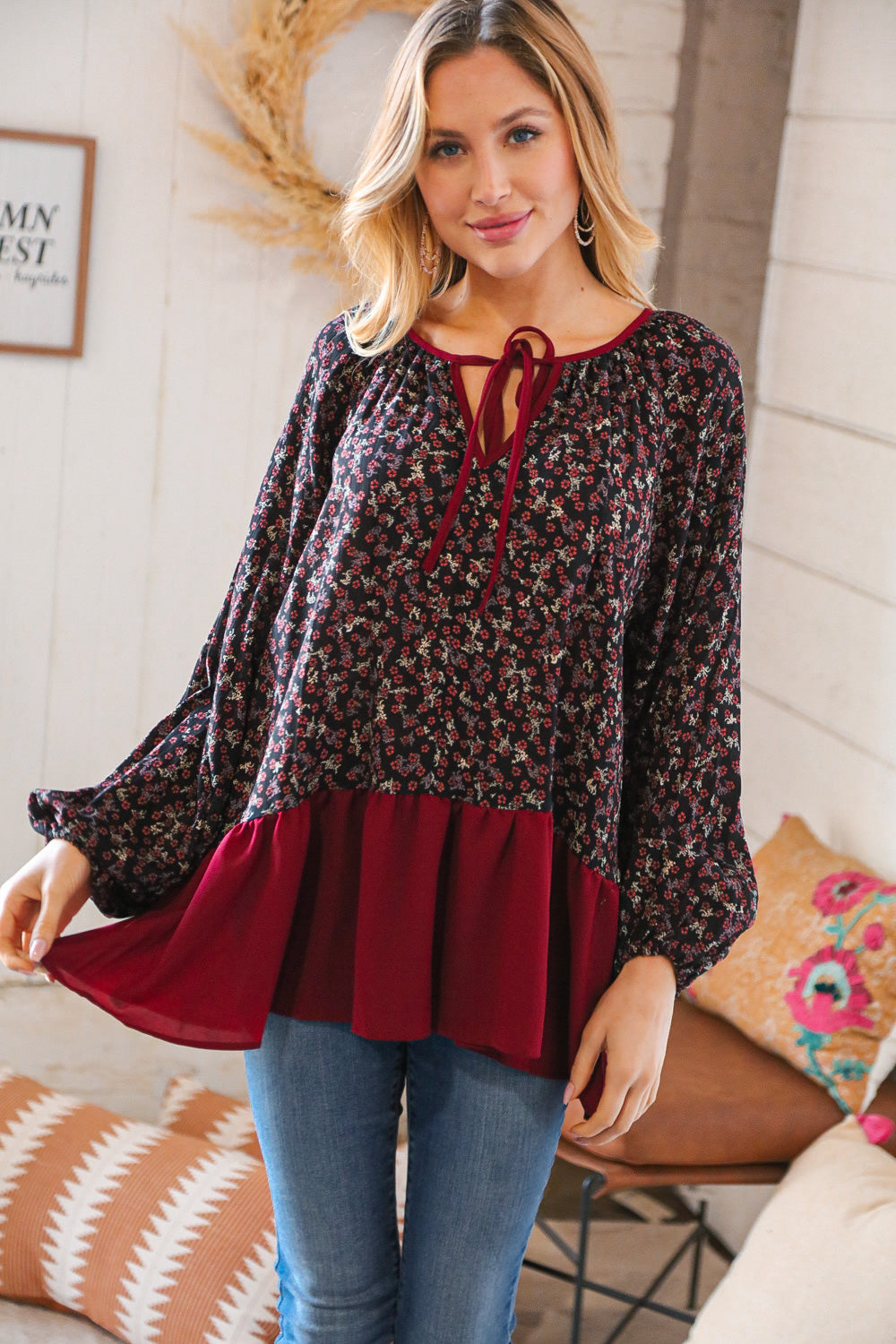 Wine Ditzy Floral Front Tie Ruffle Hem Tops | Nikki &amp; Co. Boutique