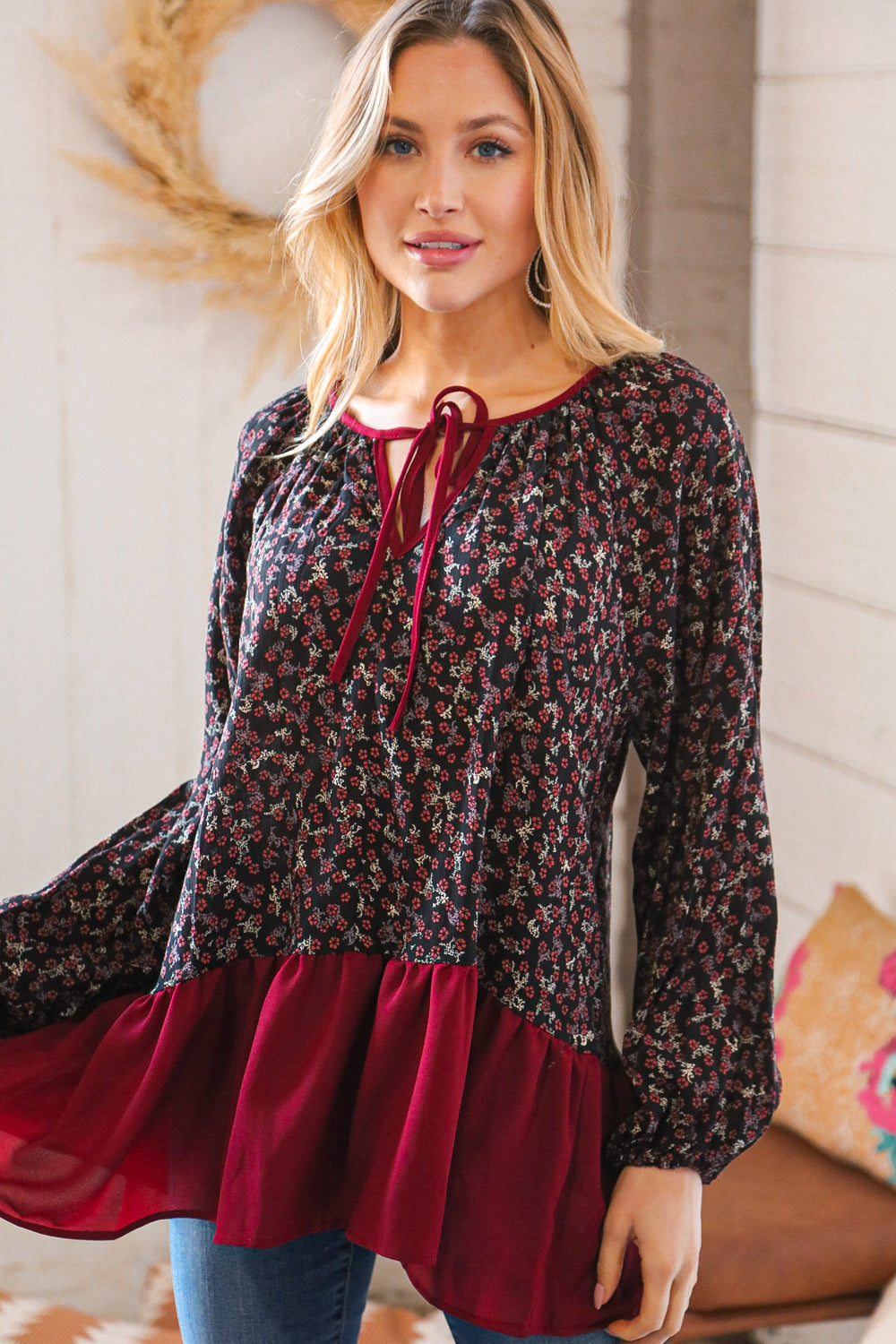 Wine Ditzy Floral Front Tie Ruffle Hem Tops | Nikki &amp; Co. Boutique