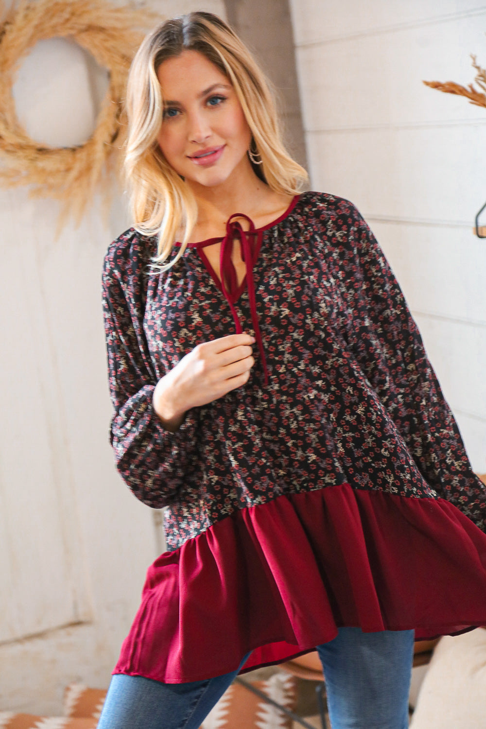 Wine Ditzy Floral Front Tie Ruffle Hem Tops | Nikki &amp; Co. Boutique