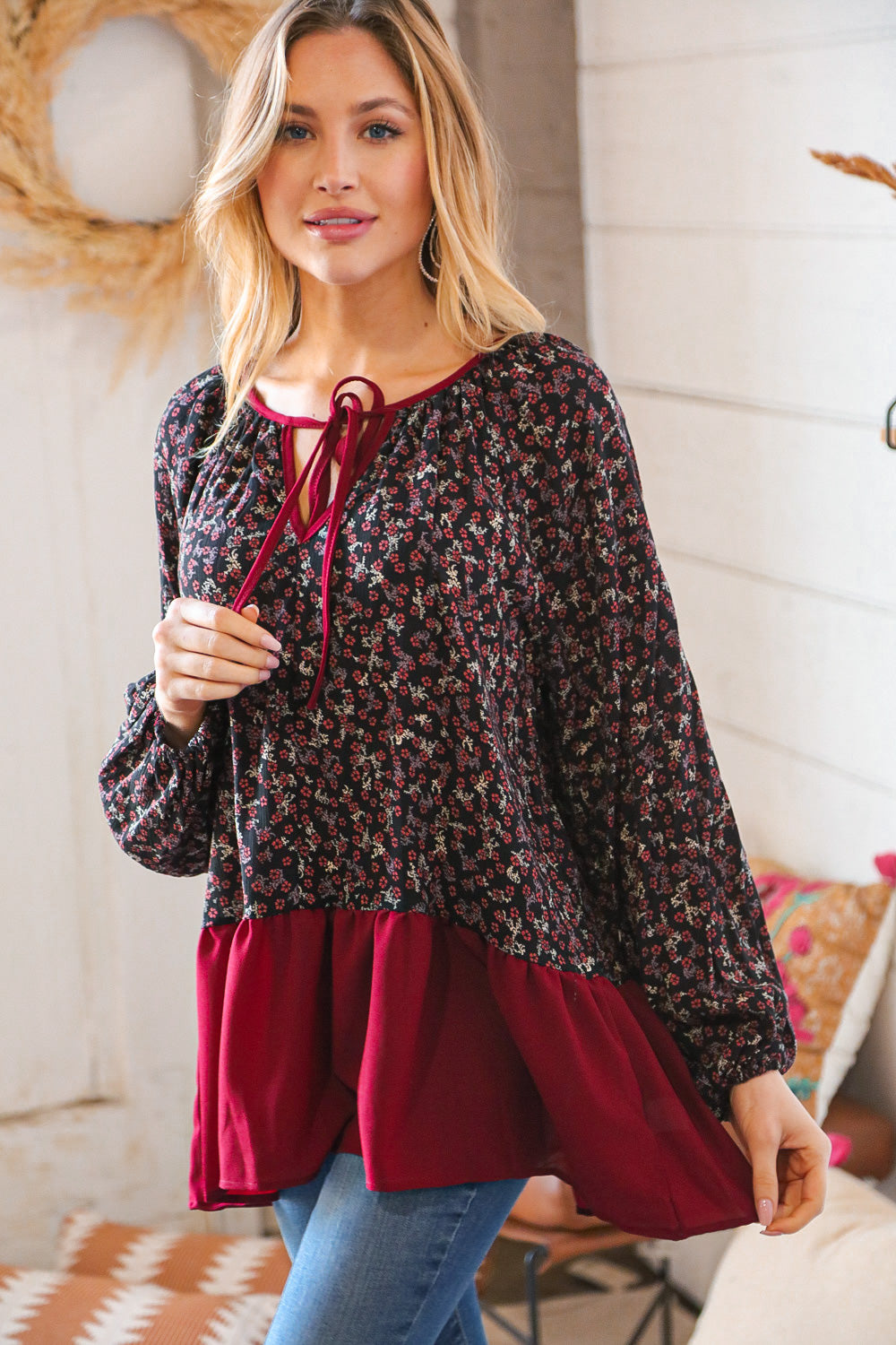 Wine Ditzy Floral Front Tie Ruffle Hem Tops | Nikki &amp; Co. Boutique