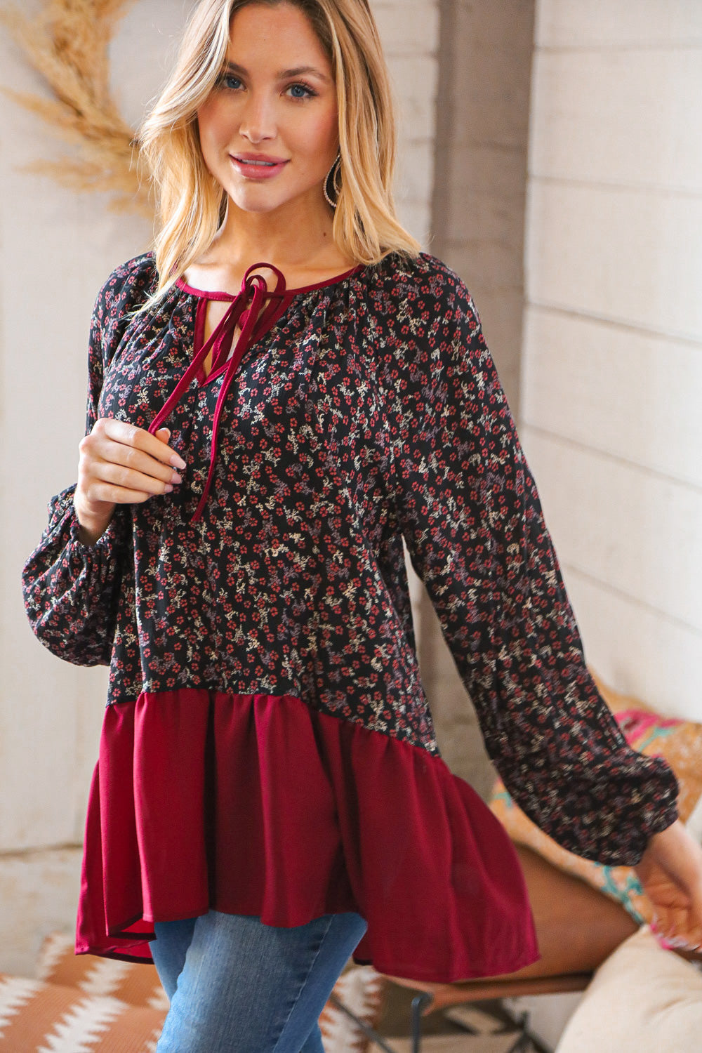 Wine Ditzy Floral Front Tie Ruffle Hem Tops | Nikki &amp; Co. Boutique