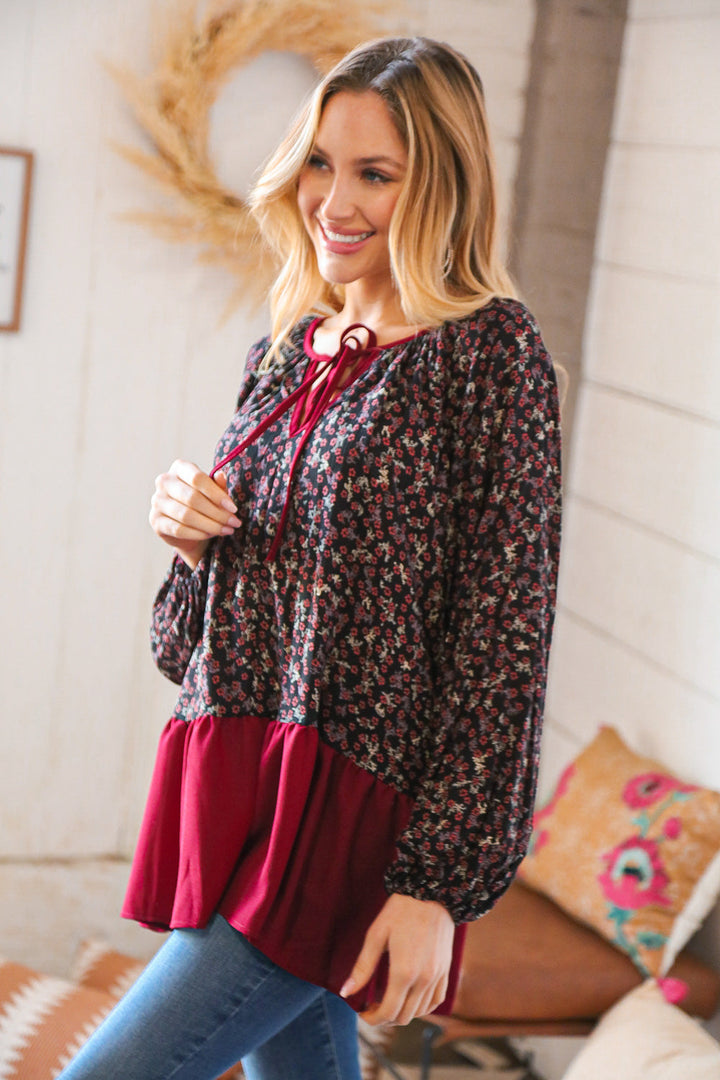 Wine Ditzy Floral Front Tie Ruffle Hem Tops | Nikki &amp; Co. Boutique