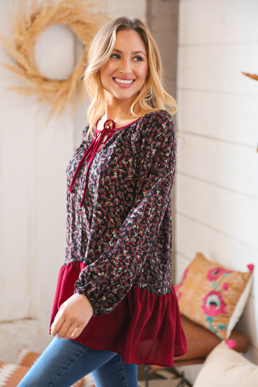 Wine Ditzy Floral Front Tie Ruffle Hem Tops | Nikki &amp; Co. Boutique