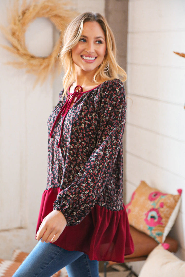 Wine Ditzy Floral Front Tie Ruffle Hem Tops | Nikki &amp; Co. Boutique