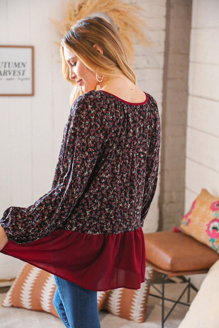 Wine Ditzy Floral Front Tie Ruffle Hem Tops | Nikki &amp; Co. Boutique