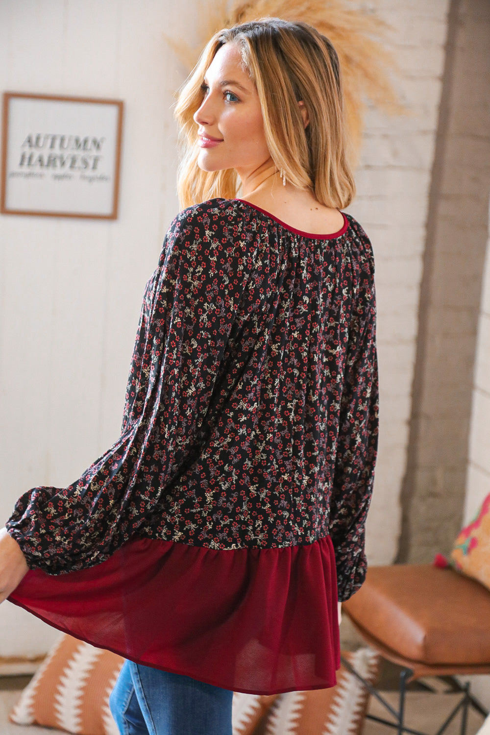 Wine Ditzy Floral Front Tie Ruffle Hem Tops | Nikki &amp; Co. Boutique