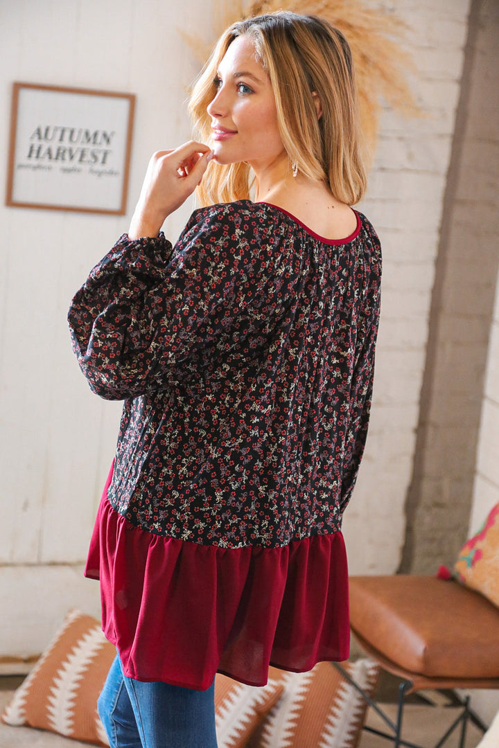 Wine Ditzy Floral Front Tie Ruffle Hem Tops | Nikki &amp; Co. Boutique