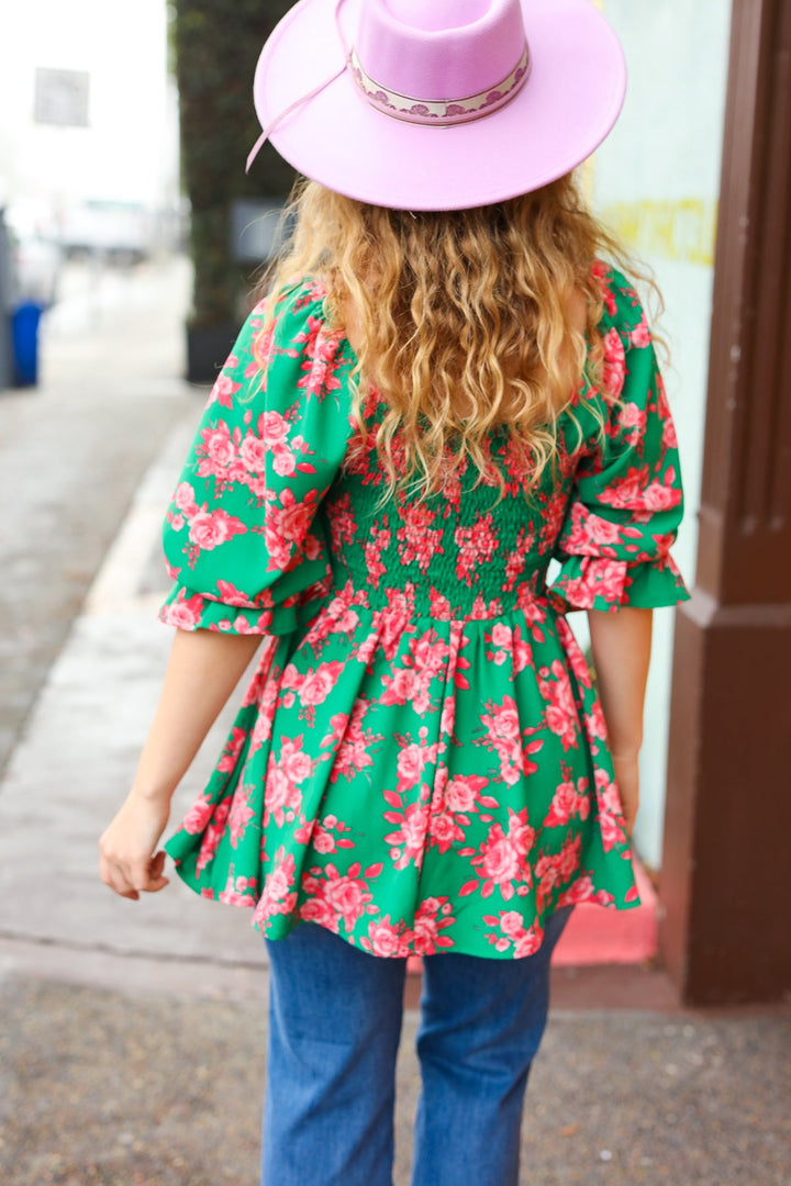 Sumptuous In Smocked Green &amp; Coral Flower Print Babydoll Tops | Nikki &amp; Co. Boutique
