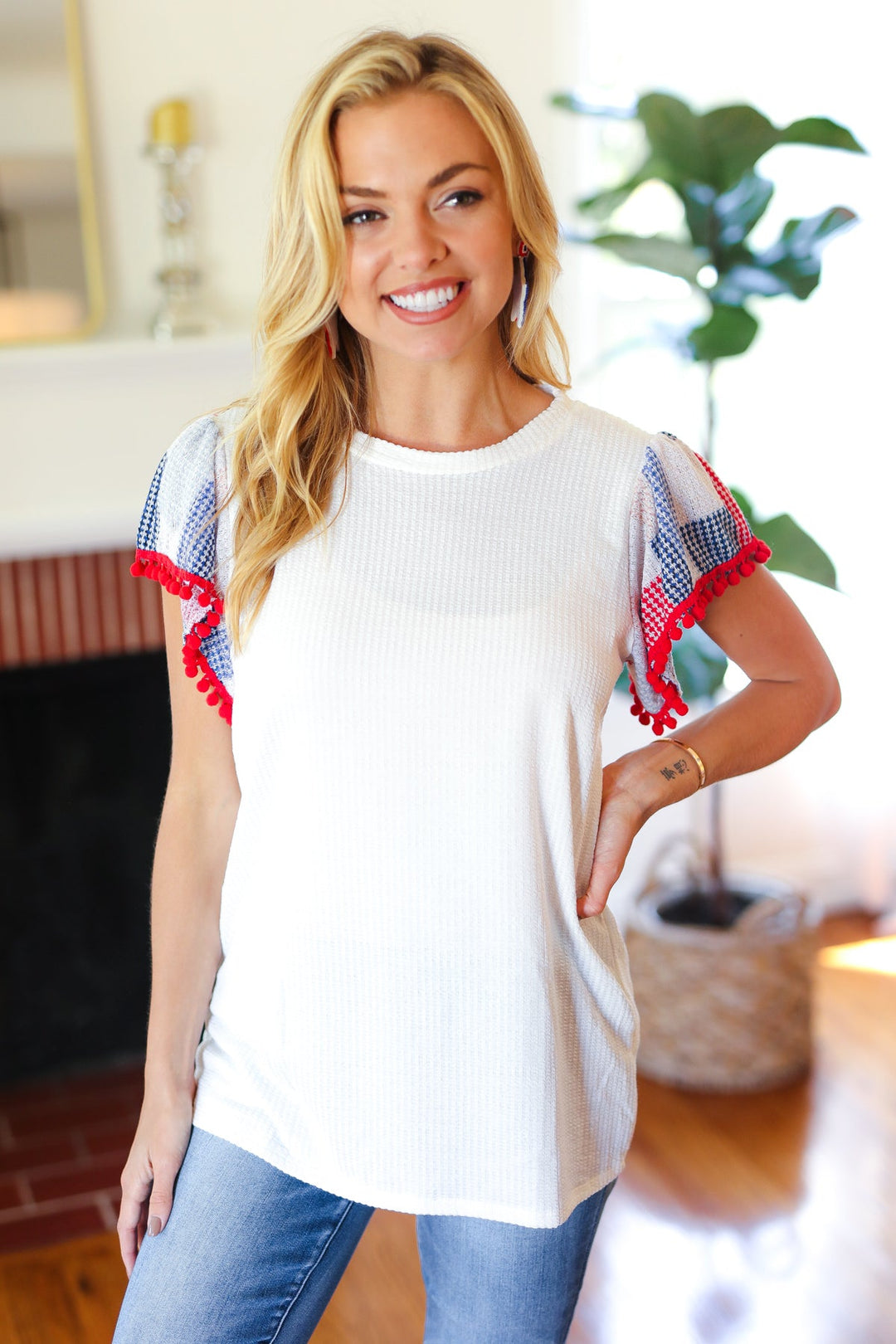 Patriotic Pom Pom Lace Flutter Sleeve Tops | Nikki &amp; Co. Boutique