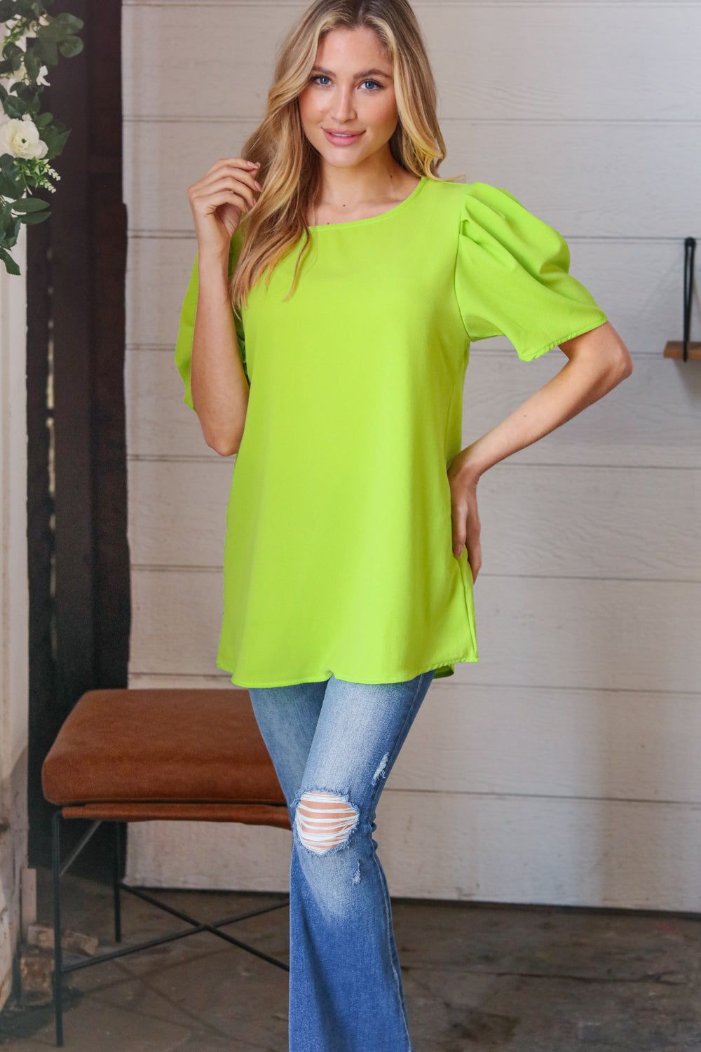 Neon Green Round Neck Puff Sleeve Crepe Tops | Nikki &amp; Co. Boutique