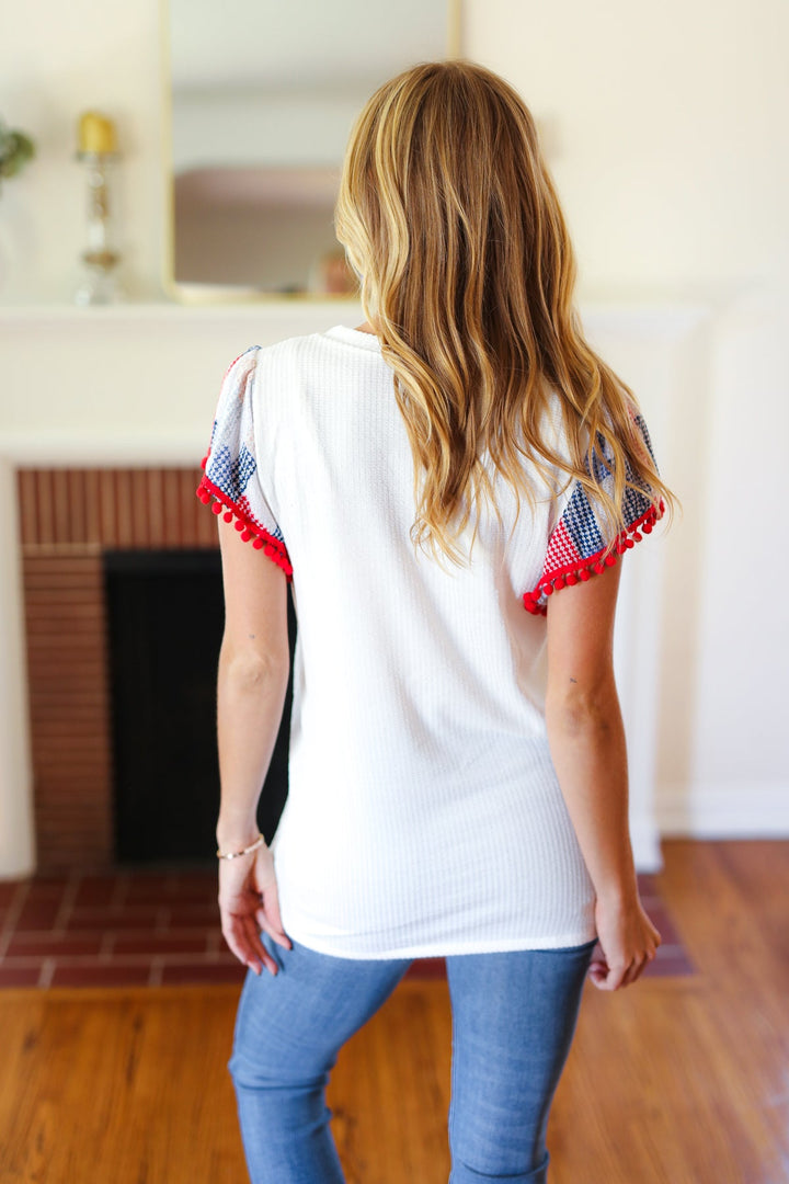 Patriotic Pom Pom Lace Flutter Sleeve Tops | Nikki &amp; Co. Boutique