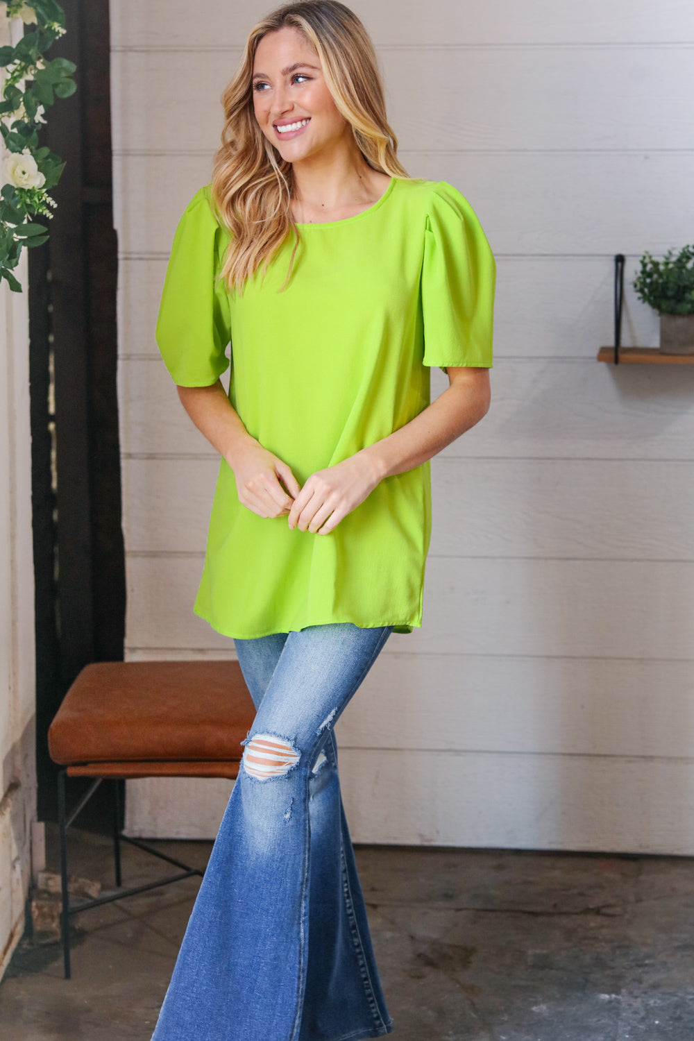 Neon Green Round Neck Puff Sleeve Crepe Tops | Nikki &amp; Co. Boutique