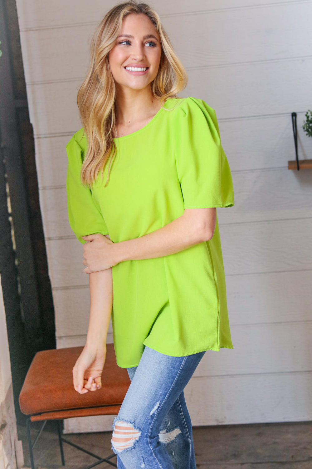 Neon Green Round Neck Puff Sleeve Crepe Tops | Nikki &amp; Co. Boutique