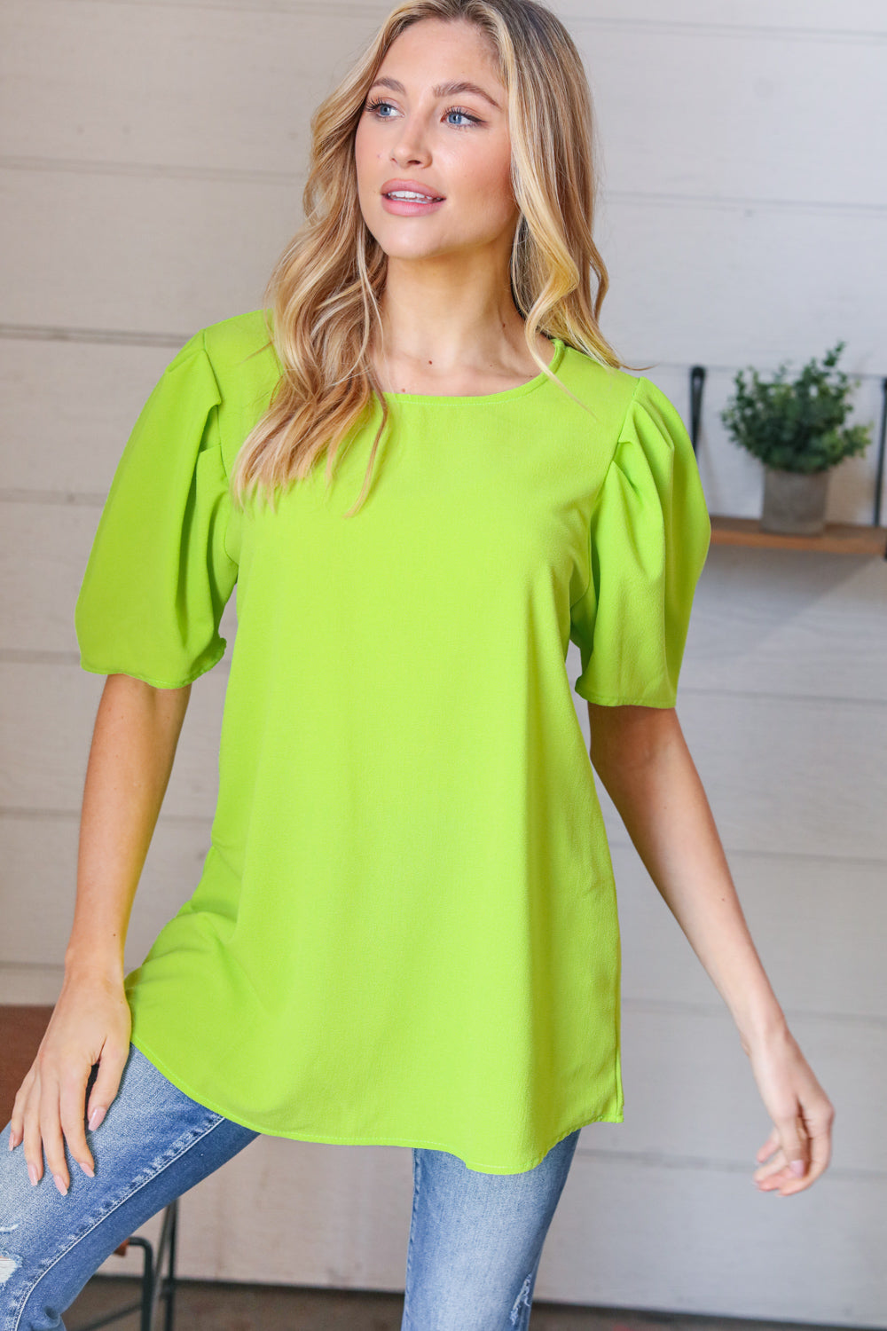 Neon Green Round Neck Puff Sleeve Crepe Tops | Nikki &amp; Co. Boutique