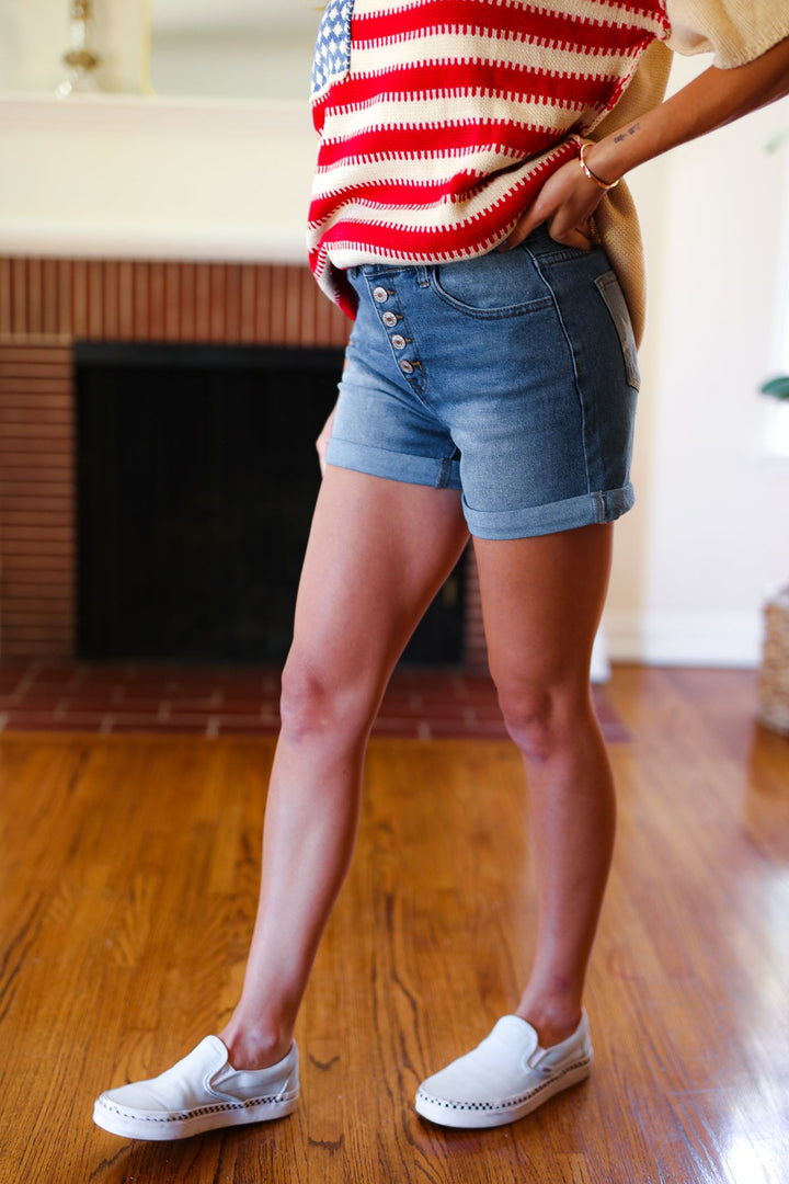 Stars &amp; Stripes Pocket Button Down Cuffed Hem Shorts - Nikki &amp; Co. Boutique