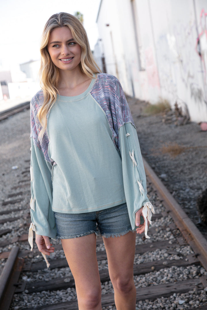 Mint Lace Up Long Sleeve French Terry Oversized Pullover | Nikki &amp; Co. Boutique