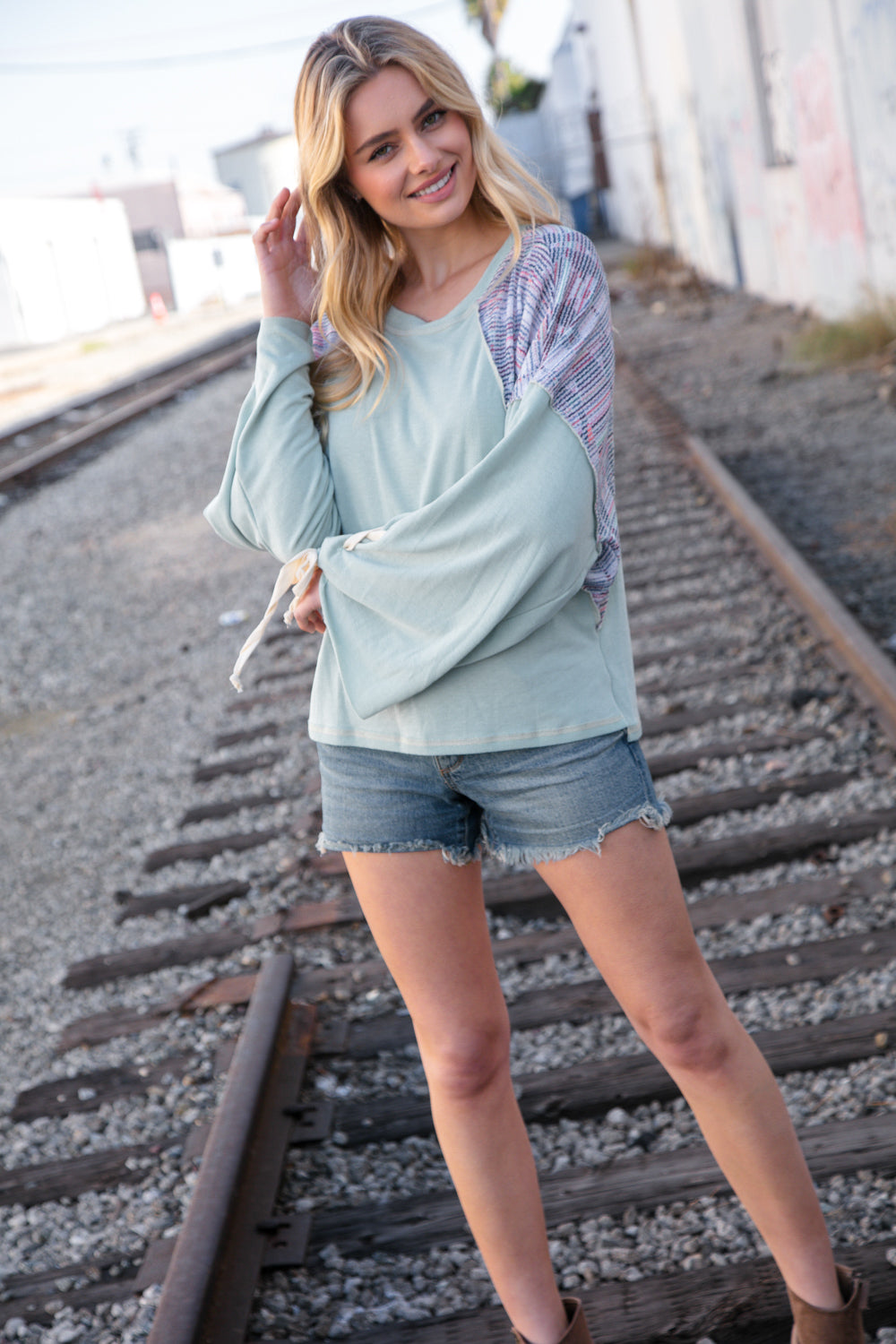 Mint Lace Up Long Sleeve French Terry Oversized Pullover | Nikki &amp; Co. Boutique
