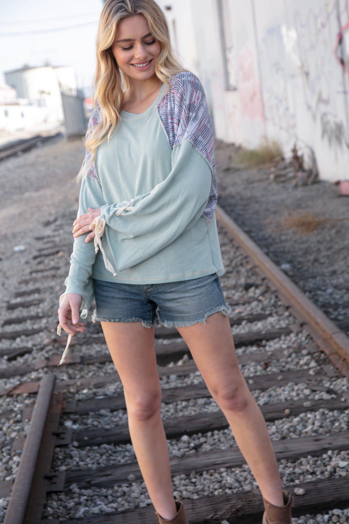 Mint Lace Up Long Sleeve French Terry Oversized Pullover | Nikki &amp; Co. Boutique