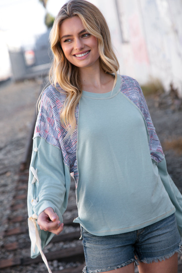 Mint Lace Up Long Sleeve French Terry Oversized Pullover | Nikki &amp; Co. Boutique