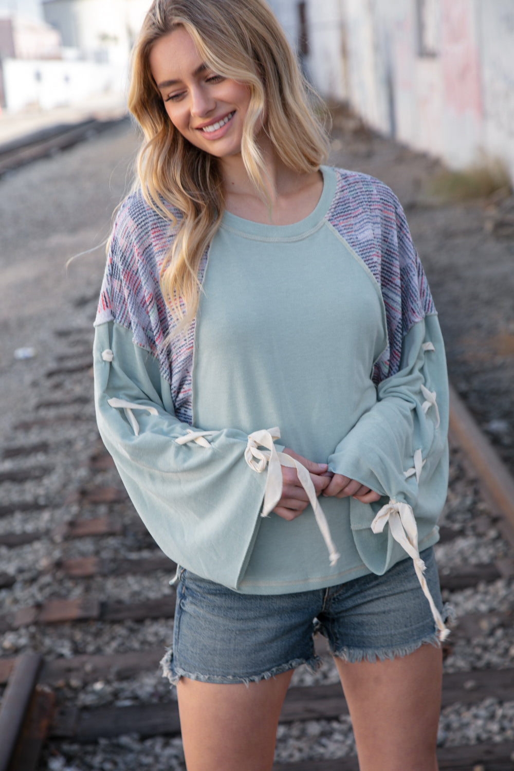 Mint Lace Up Long Sleeve French Terry Oversized Pullover | Nikki &amp; Co. Boutique
