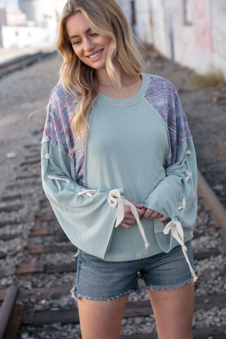 Mint Lace Up Long Sleeve French Terry Oversized Pullover | Nikki &amp; Co. Boutique