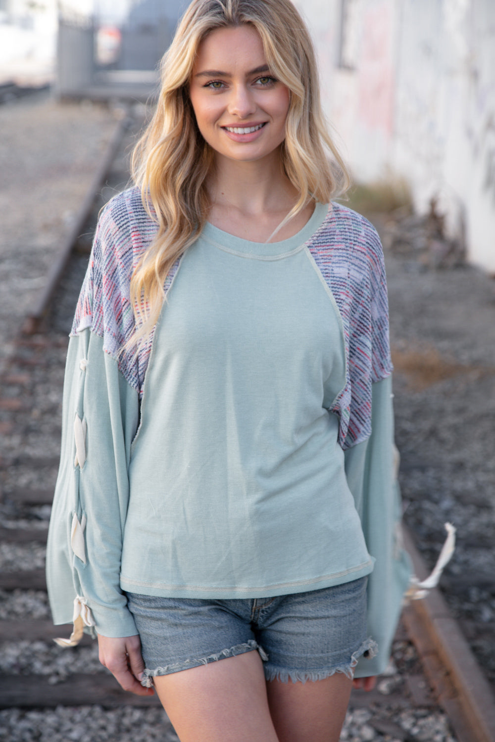Mint Lace Up Long Sleeve French Terry Oversized Pullover | Nikki &amp; Co. Boutique