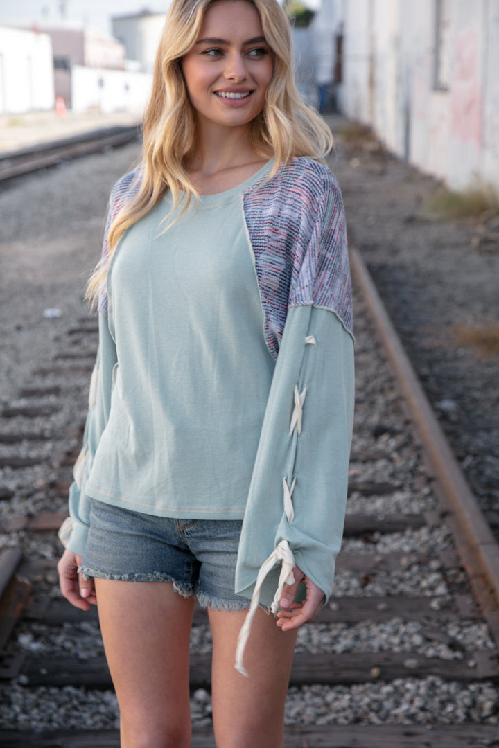 Mint Lace Up Long Sleeve French Terry Oversized Pullover | Nikki &amp; Co. Boutique