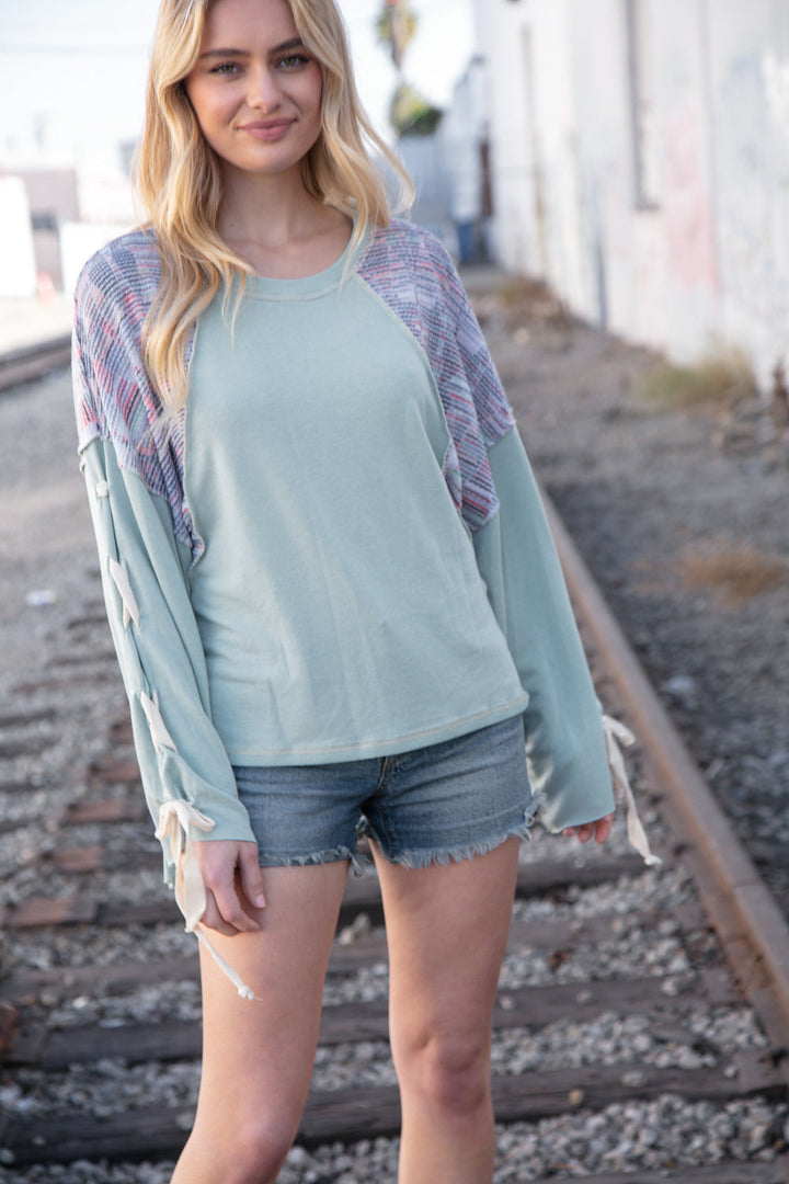 Mint Lace Up Long Sleeve French Terry Oversized Pullover | Nikki &amp; Co. Boutique