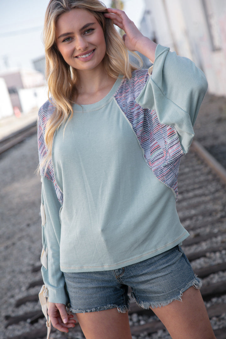 Mint Lace Up Long Sleeve French Terry Oversized Pullover | Nikki &amp; Co. Boutique