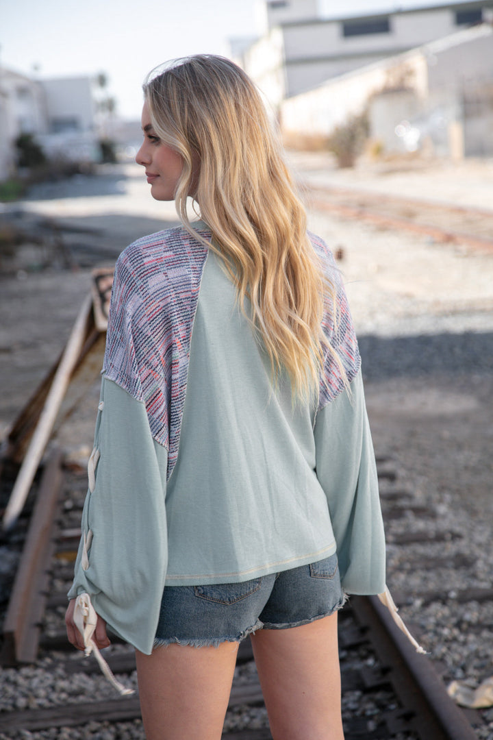 Mint Lace Up Long Sleeve French Terry Oversized Pullover | Nikki &amp; Co. Boutique