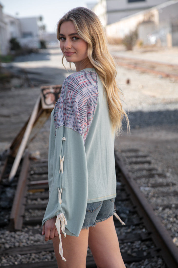 Mint Lace Up Long Sleeve French Terry Oversized Pullover | Nikki &amp; Co. Boutique