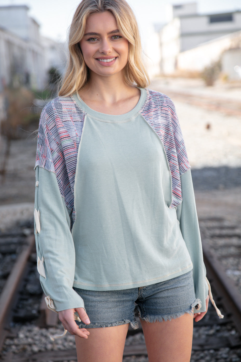 Mint Lace Up Long Sleeve French Terry Oversized Pullover | Nikki &amp; Co. Boutique