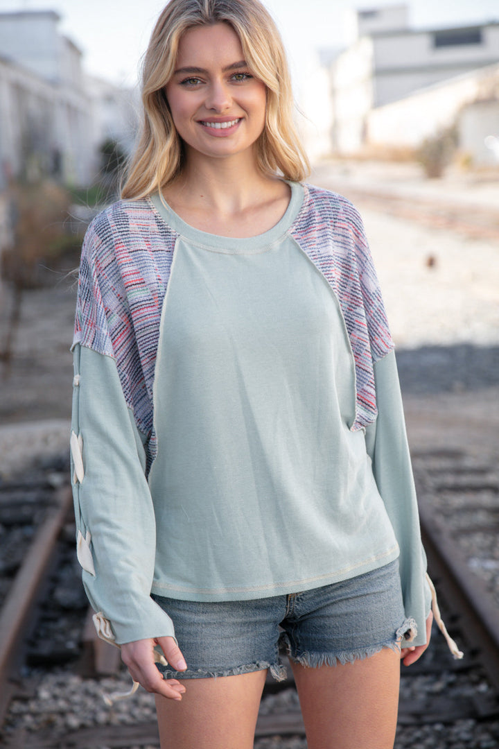 Mint Lace Up Long Sleeve French Terry Oversized Pullover | Nikki &amp; Co. Boutique