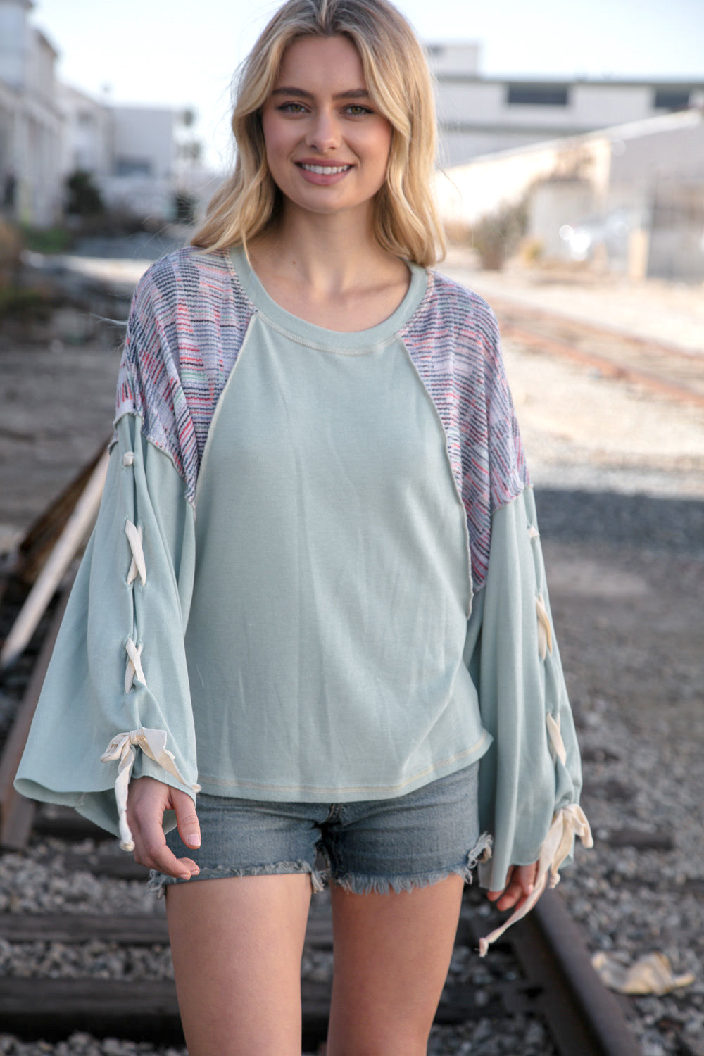 Mint Lace Up Long Sleeve French Terry Oversized Pullover | Nikki &amp; Co. Boutique