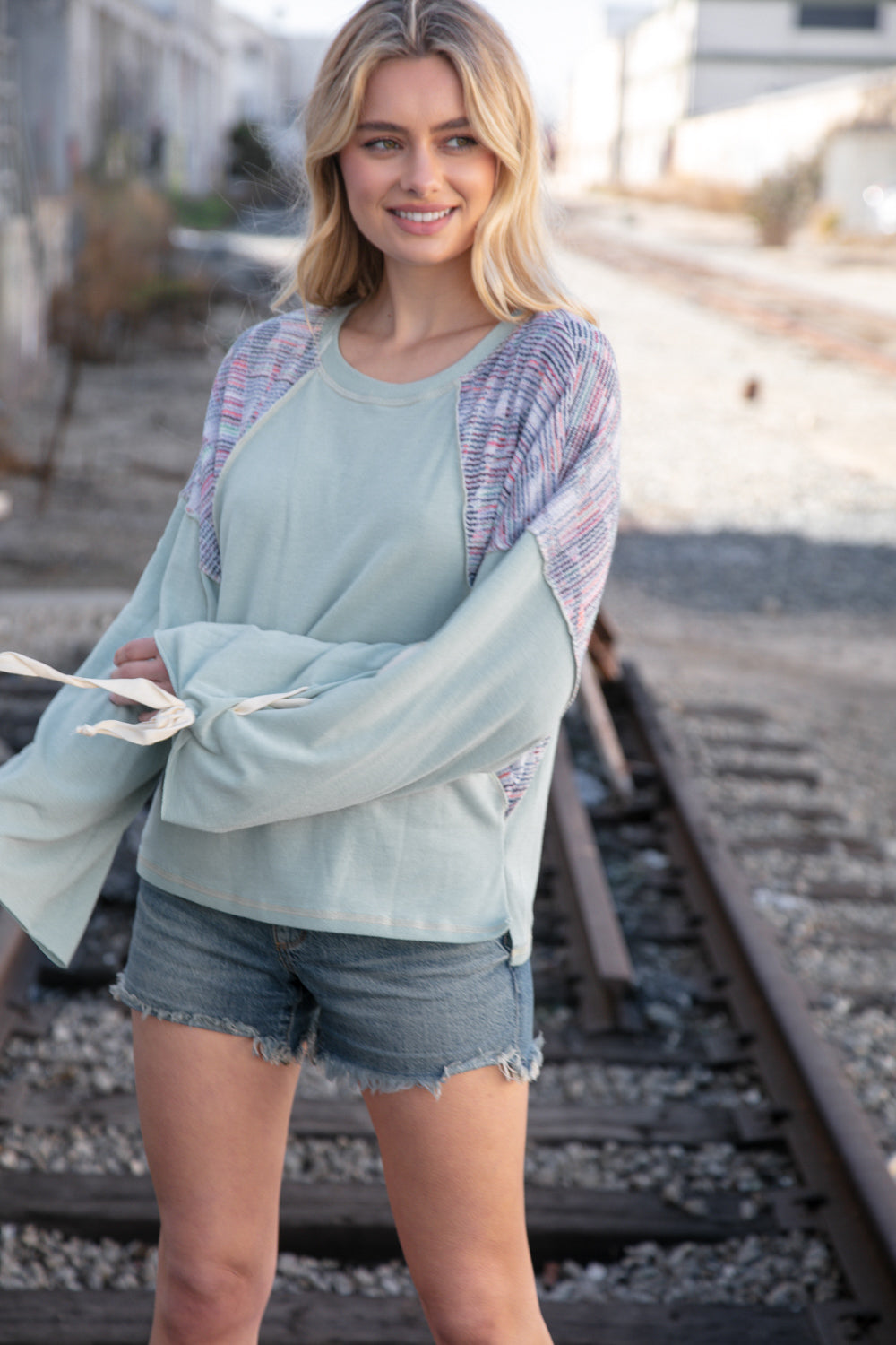 Mint Lace Up Long Sleeve French Terry Oversized Pullover | Nikki &amp; Co. Boutique