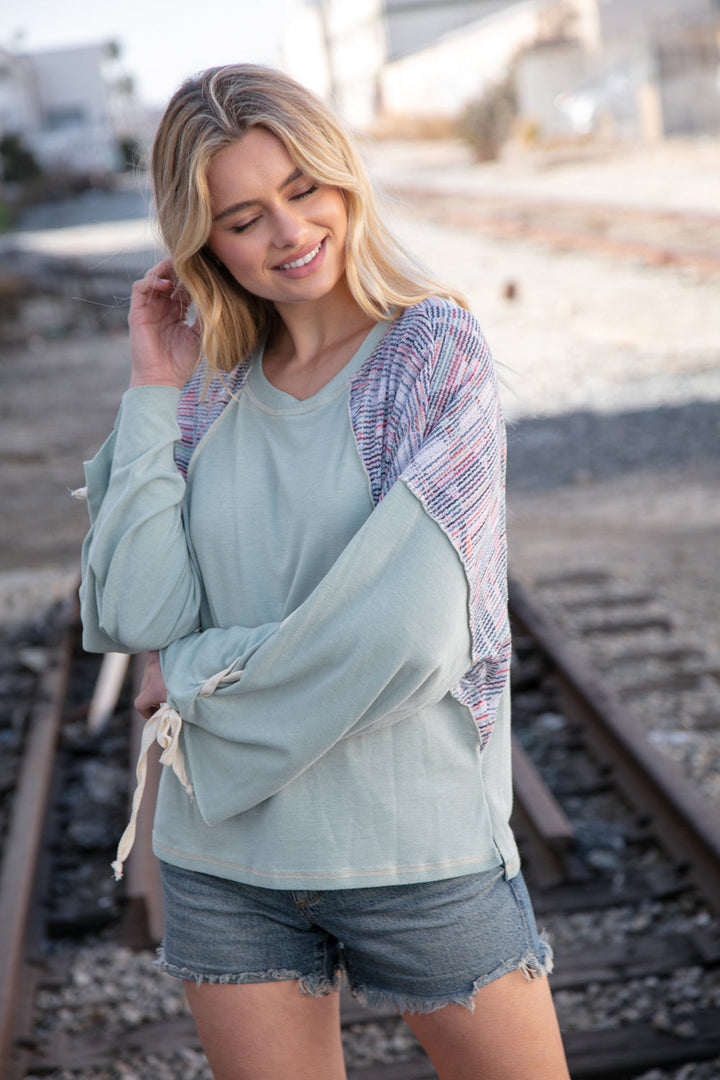 Mint Lace Up Long Sleeve French Terry Oversized Pullover | Nikki &amp; Co. Boutique
