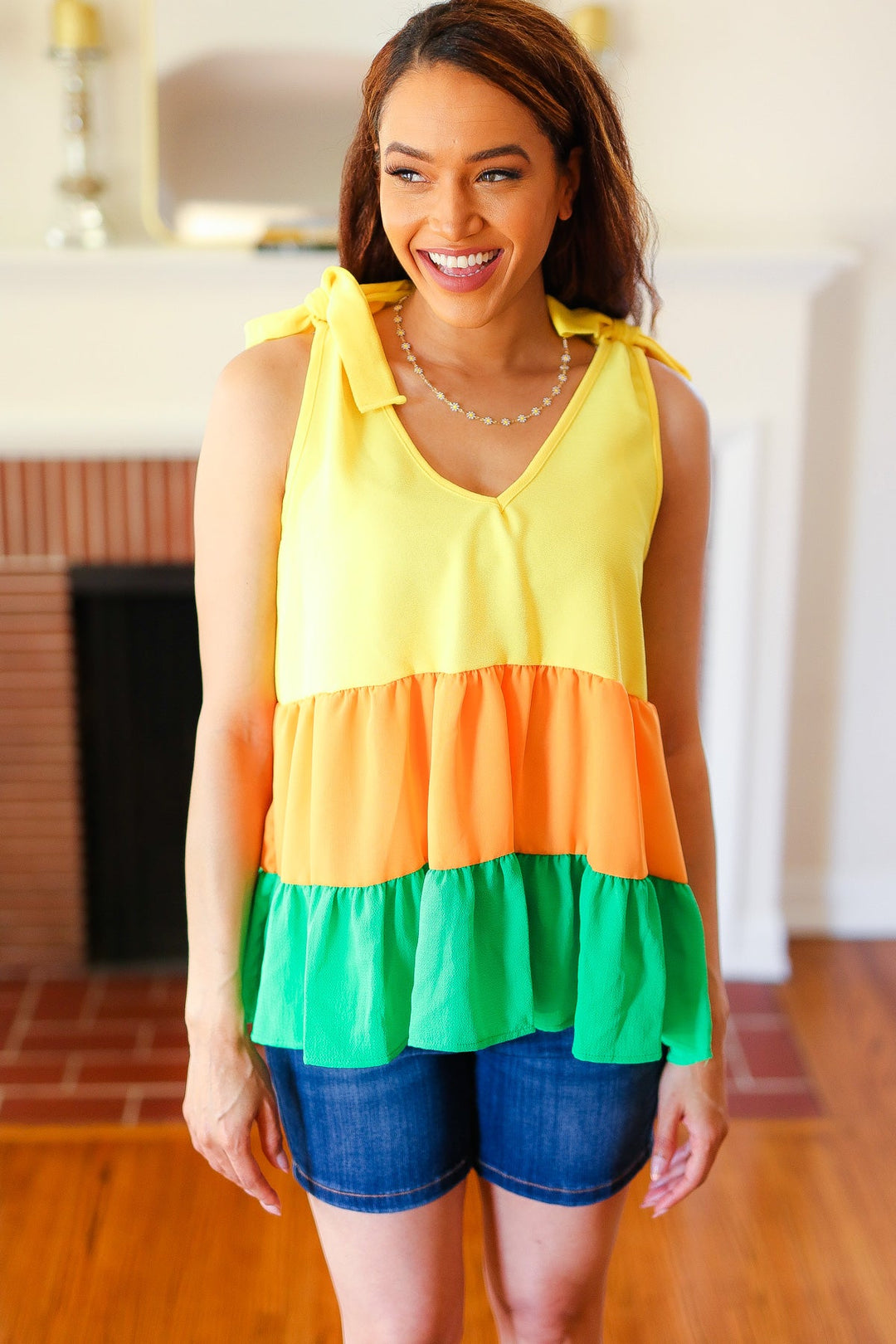 Yellow &amp; Tangerine Tiered Shoulder Tie Crepe Tops | Nikki &amp; Co. Boutique