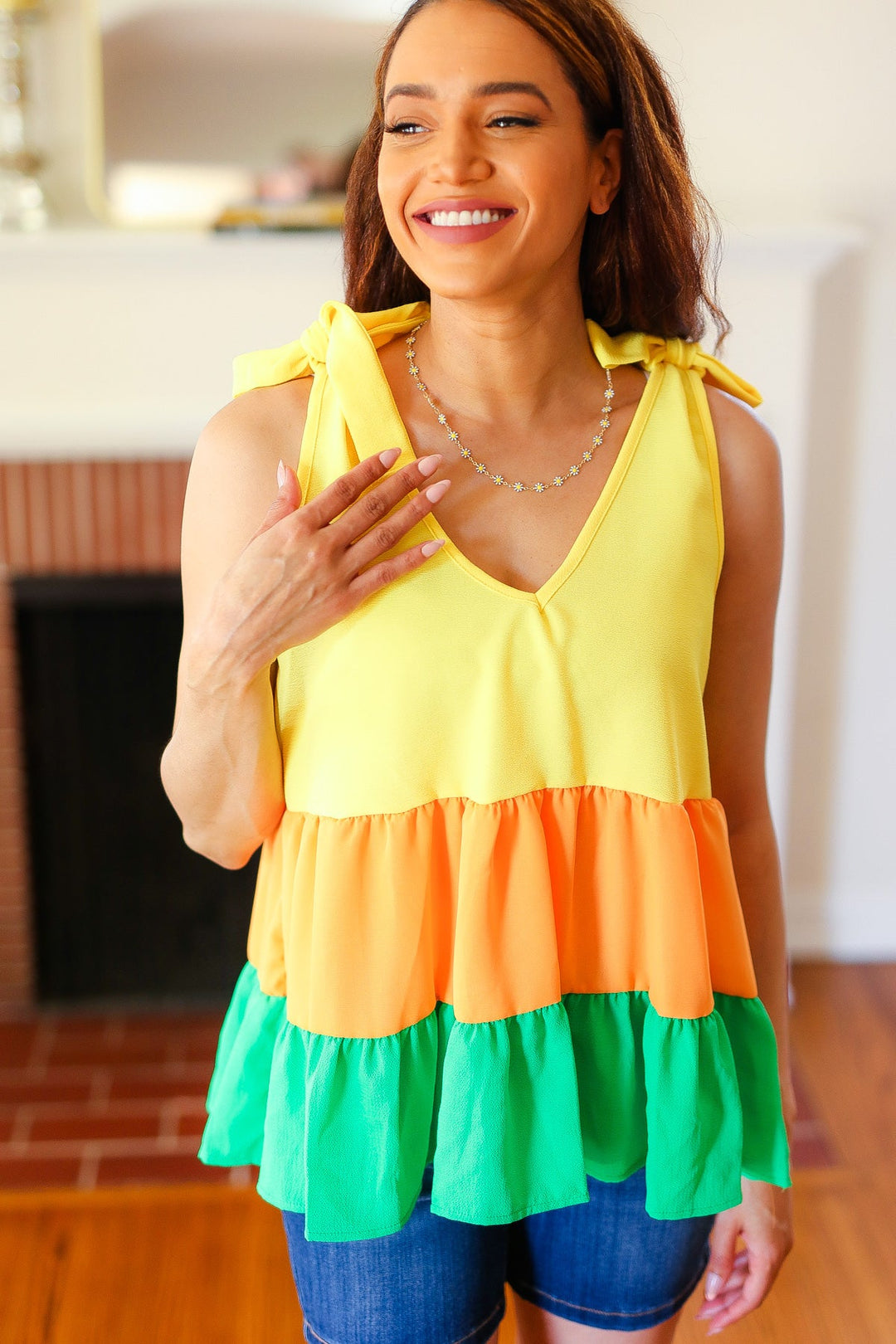 Yellow &amp; Tangerine Tiered Shoulder Tie Crepe Tops | Nikki &amp; Co. Boutique