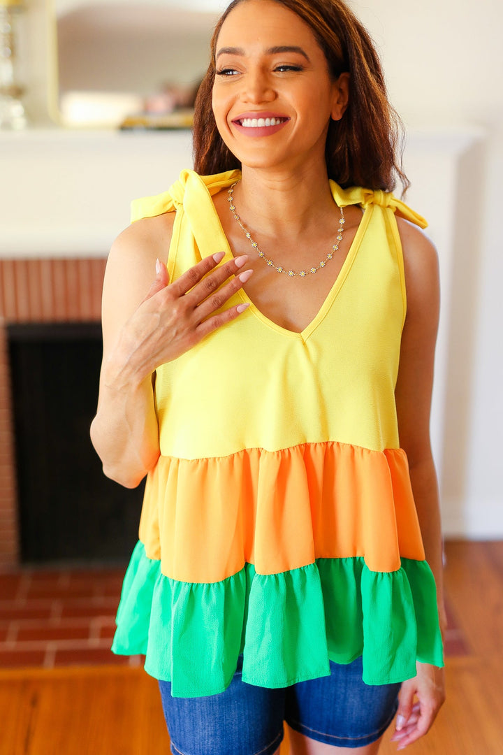 Yellow &amp; Tangerine Tiered Shoulder Tie Crepe Tops | Nikki &amp; Co. Boutique