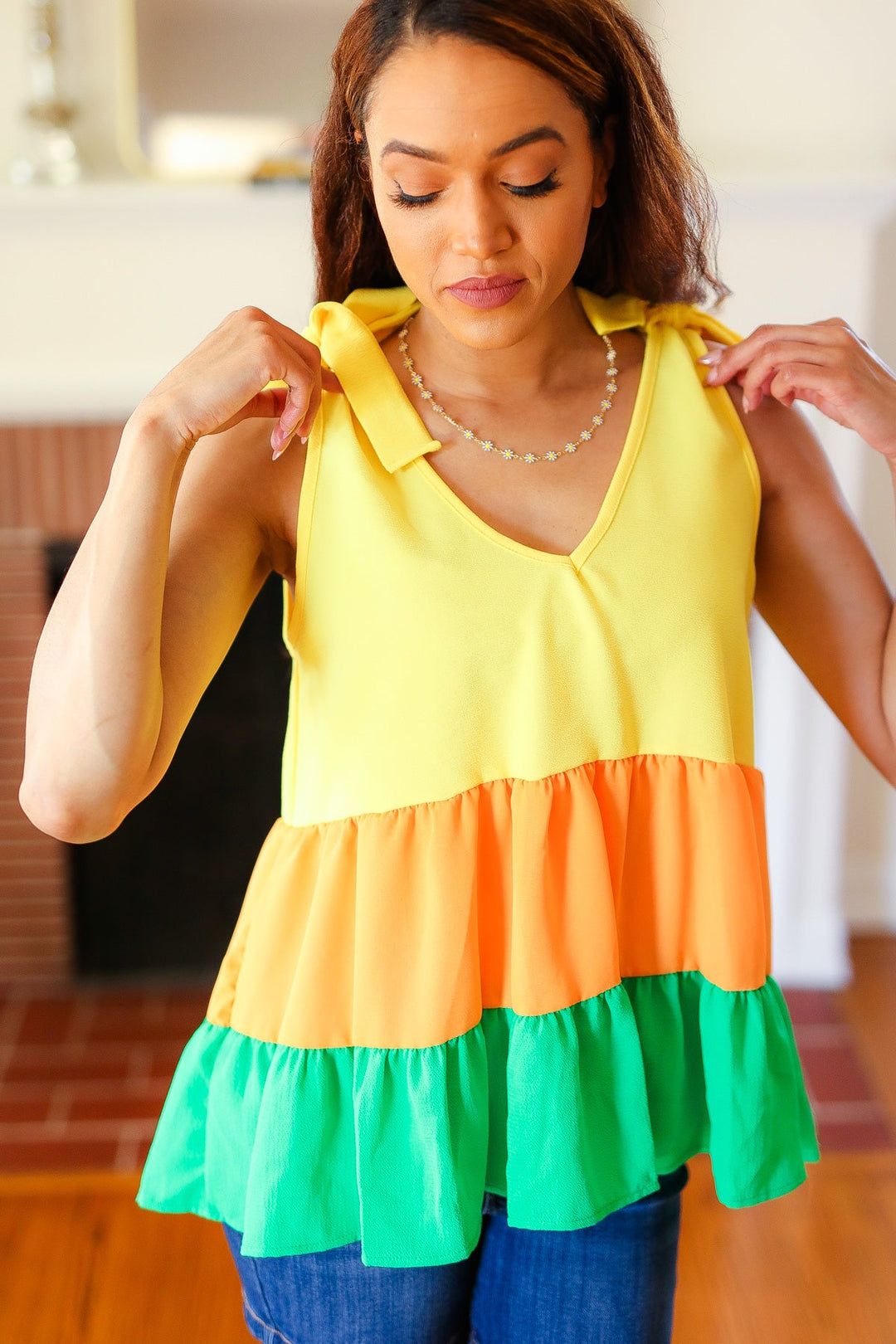 Yellow &amp; Tangerine Tiered Shoulder Tie Crepe Tops | Nikki &amp; Co. Boutique
