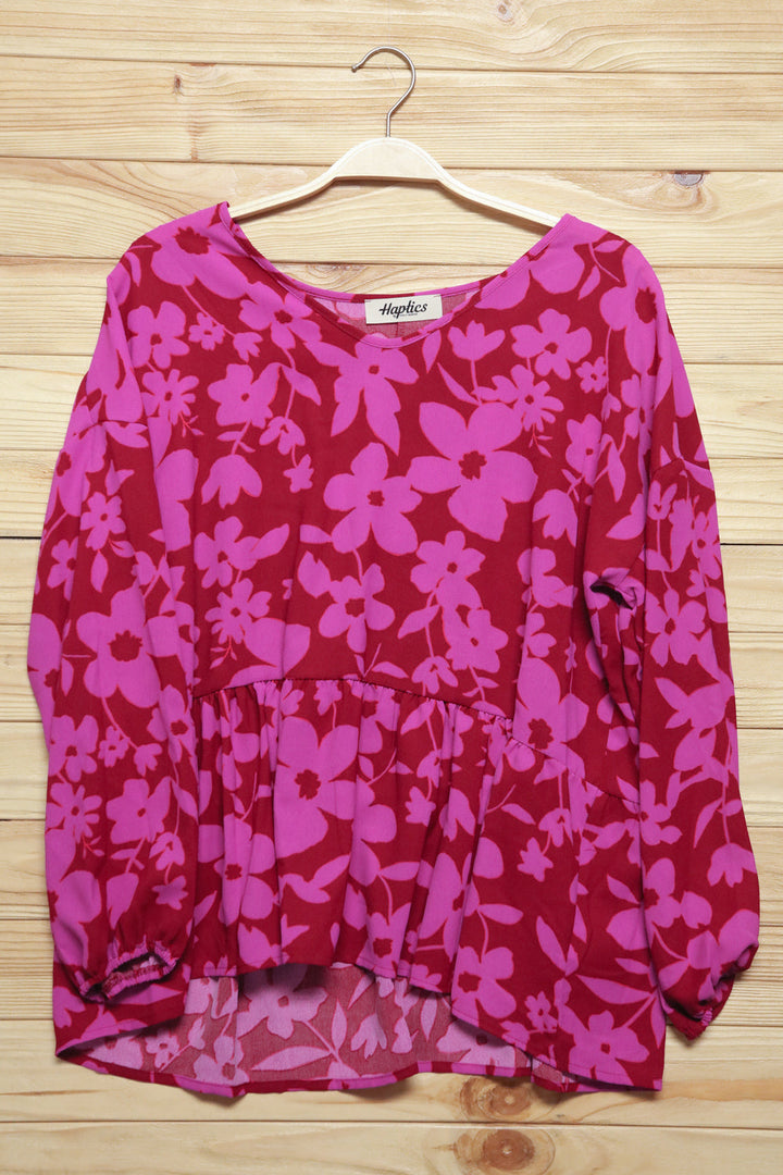 Red &amp; Magenta Floral V Neck Woven Babydoll Tops | Nikki &amp; Co. Boutique