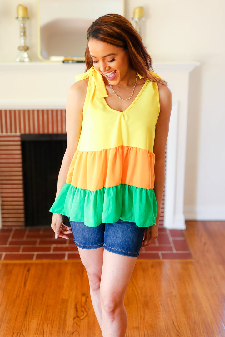 Yellow &amp; Tangerine Tiered Shoulder Tie Crepe Tops | Nikki &amp; Co. Boutique