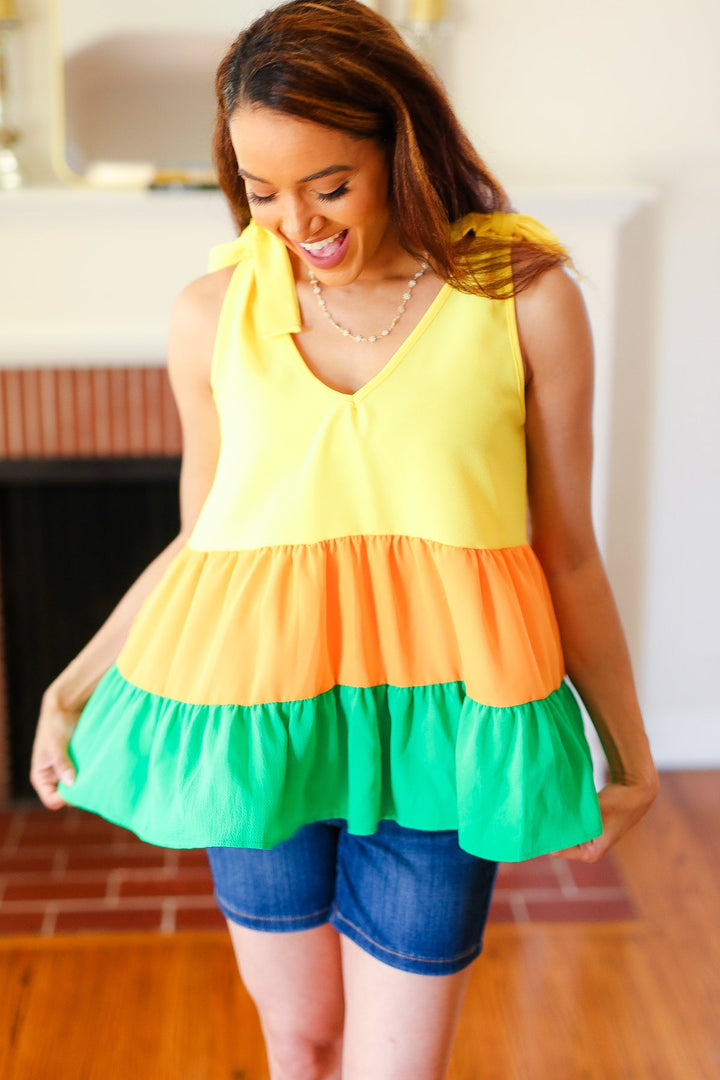 Yellow &amp; Tangerine Tiered Shoulder Tie Crepe Tops | Nikki &amp; Co. Boutique