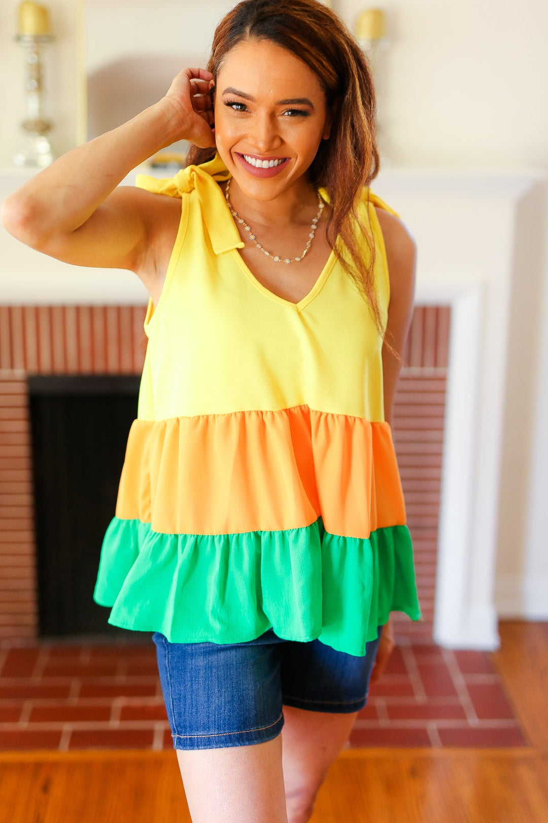 Yellow &amp; Tangerine Tiered Shoulder Tie Crepe Tops | Nikki &amp; Co. Boutique